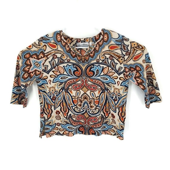 Alfred Dunner Womens Crop Top Multicolor Paisley Stretch Notch Neck Petites M - Picture 1 of 6